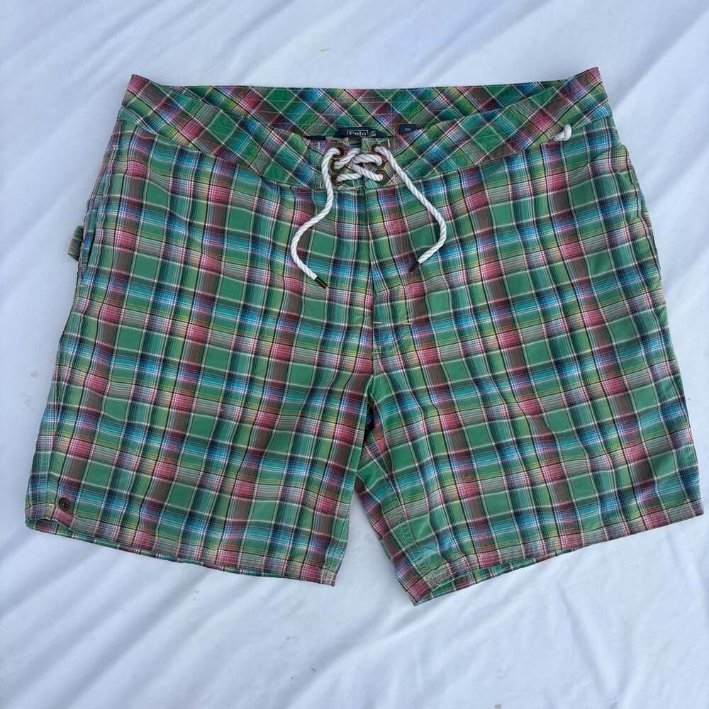 Polo Sport Ralph Lauren Swim Trunks Board Shorts Rainbow Plaid Medium 34 EUC